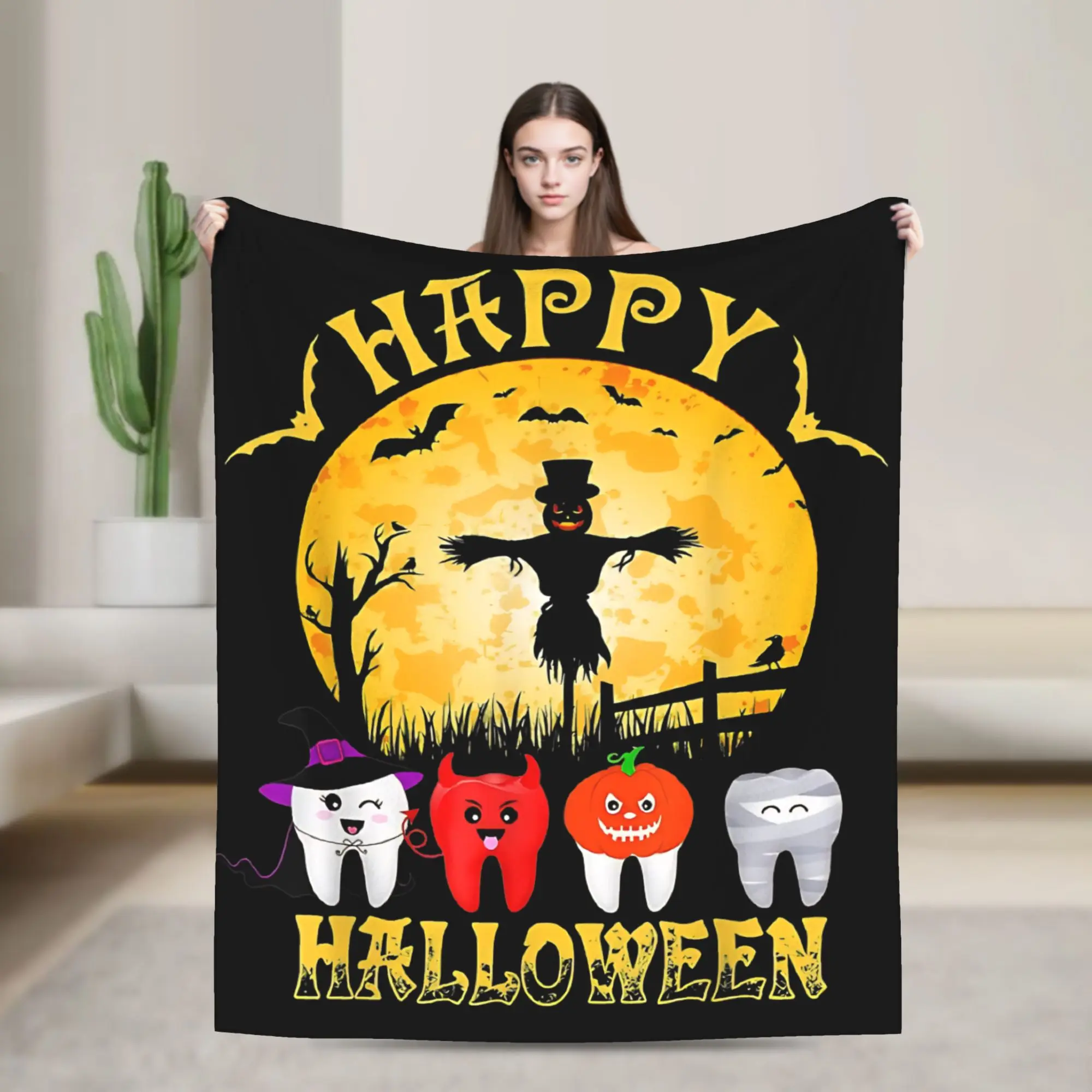 Teeth   Flannel Throw Blankets Cartoon Teeth Helloween Blankets for Sofa Office Super Soft Bedspread,