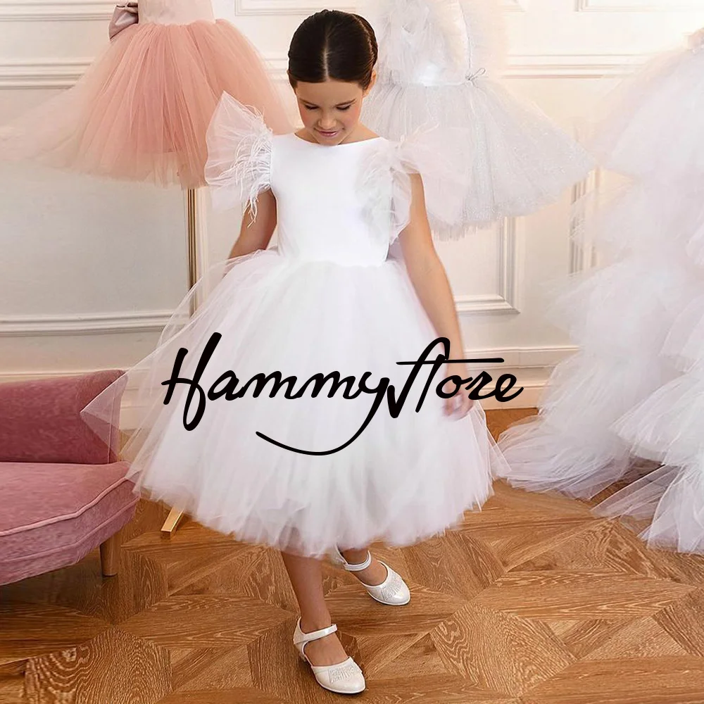 White First Communion Dresses Short Sleeves Feathers Birthday Gown for Kids Tea Length Puff Wedding Party Dress Pageant 