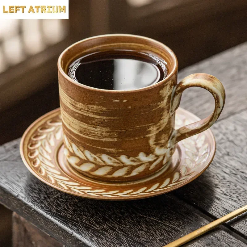 220ML Wheat Pattern Coffee Cup and Saucer Set, Home Coarse Pottery Retro European Cappuccino Latte Cup, Fancy Coffee Latte Cup.
