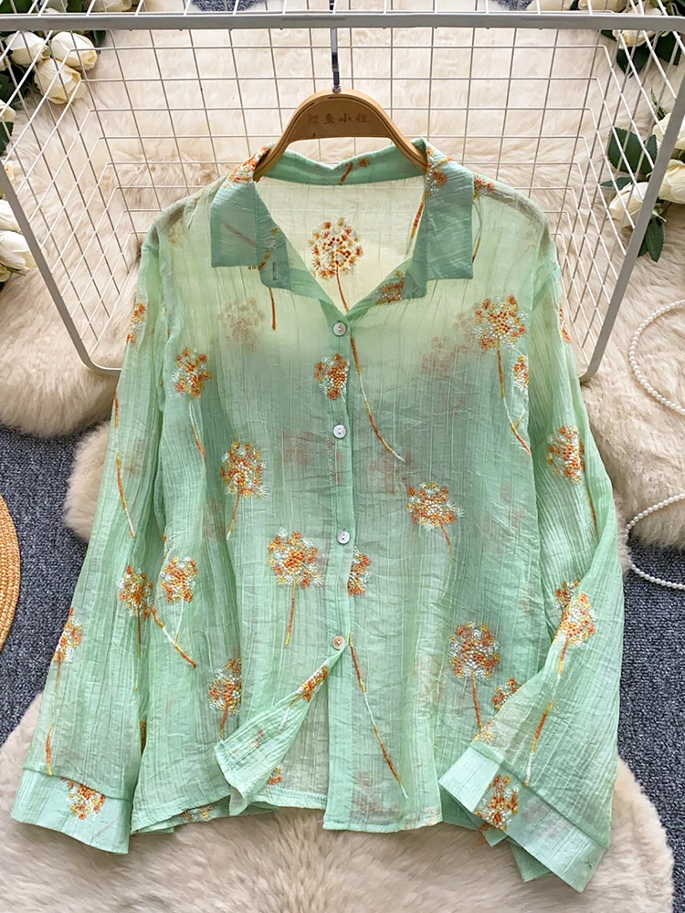 

Женская рубашка с французской цветочной вышивкой, дышащая ткань, длинный рукав, однобортный свободный кардиган, повседневный топ для женщин BL392