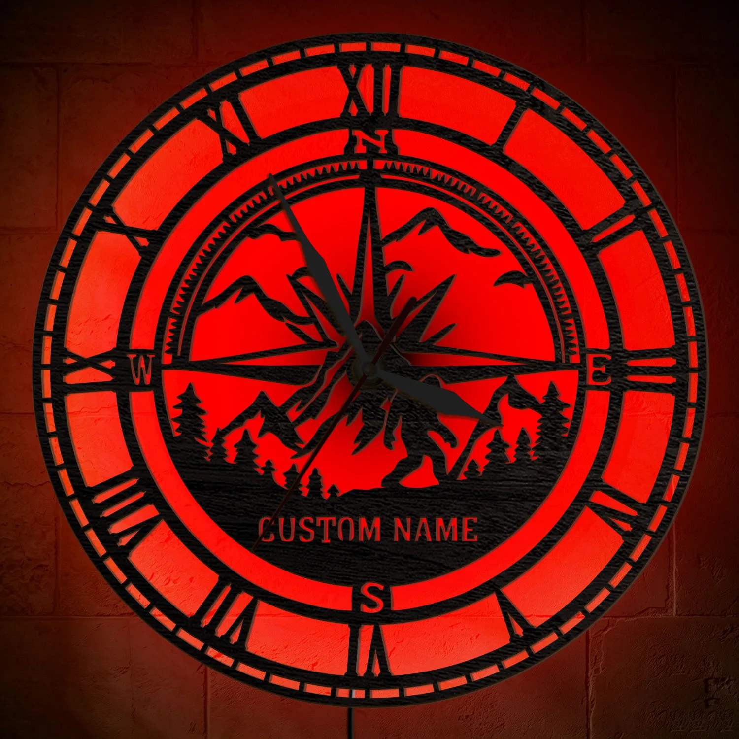 Custom Name Compass Bigfoot Mountain LED Wall Clock RGB Color Changing Night Light Wall Clock Wilderness Adventure Home Decor