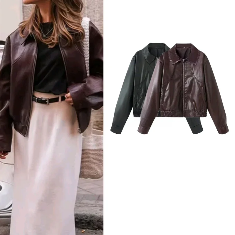 Cappotto invernale Jaet allentato in pelle artificiale con risvolto lungo da motociclista americano da donna nuova autunno