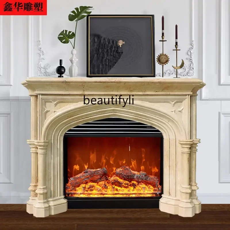 

Y48 Natural marble travertine fireplace European simple retro fireplace cabinet, stone carving fireplace