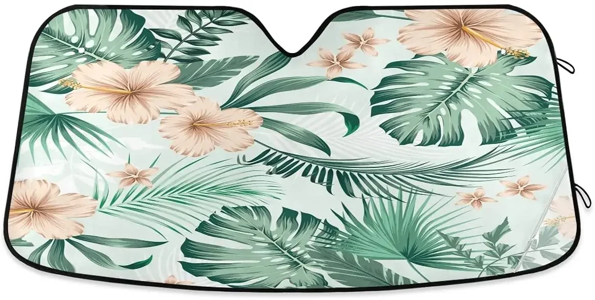 Senya Car Windshield Sunshade Hibiscus Flower and Palm Leaves Pattern, Blocks Sun Visor Protector Foldable Sun Shield Keep