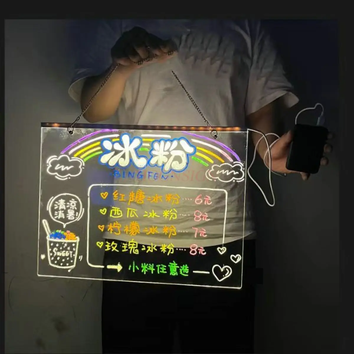 1pcs Erasable fluorescent board desktop charging luminous transparent acrylic with light logo stall small blackboard writing
