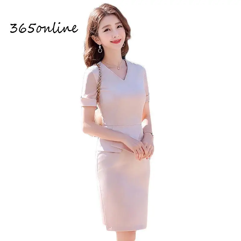 

Fashion V-neck Spring Summer Elegant Pink Slim Hips Dresses Ladies Office Work Wear Dress with Belt Beauty Salon Vestidos