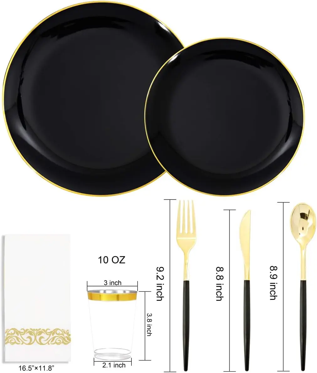 350pcs Black Dinnerware Set,Black Plates with Gold Rim,Black and Gold Plates,Gold Silverware,Wedding Party Plates