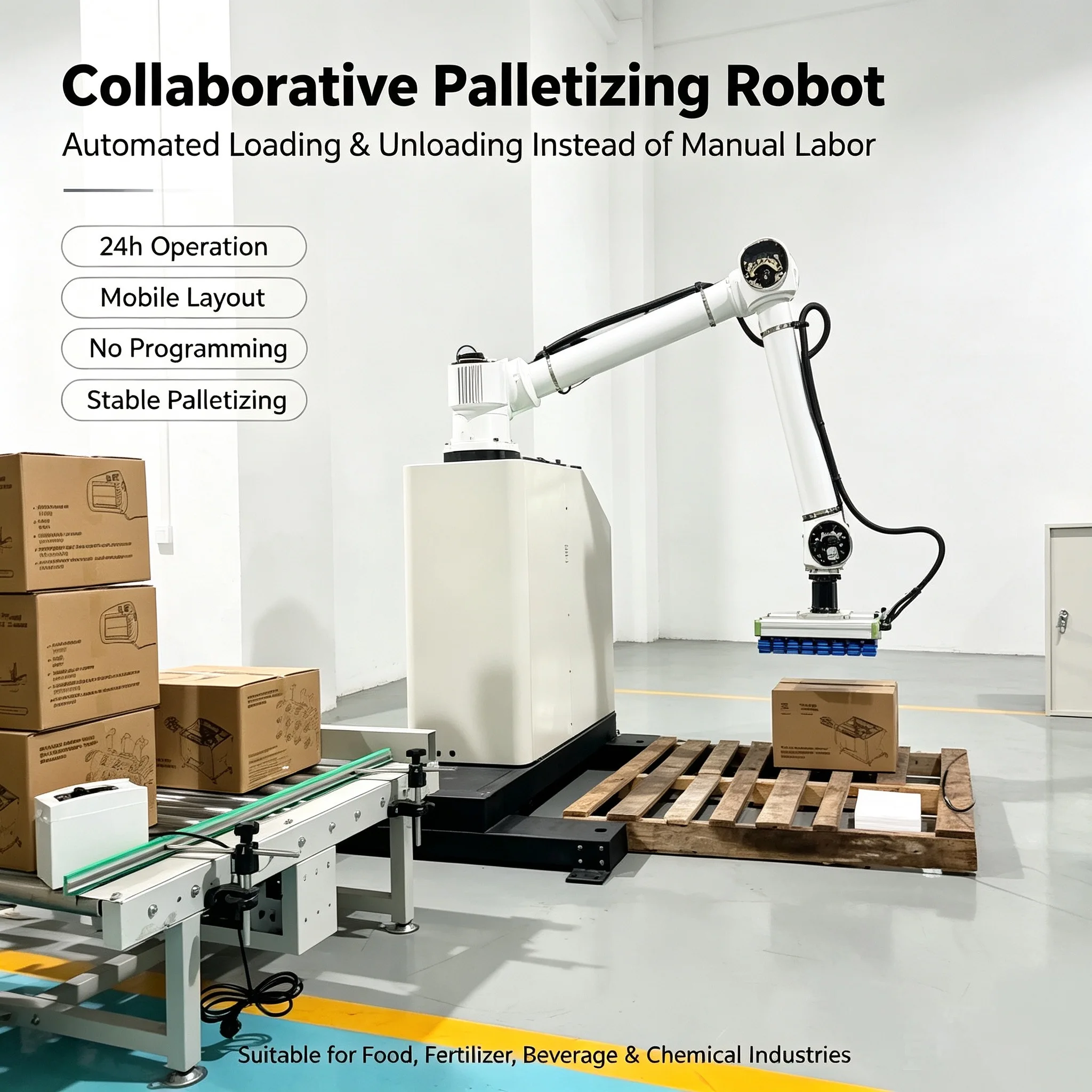 Robot Palettiseur Collaboratif Automatique Sans Programmation, Base Mobile 24h/24, Manipulation Stable pour Boissons, Aliments, Produits Chimiques