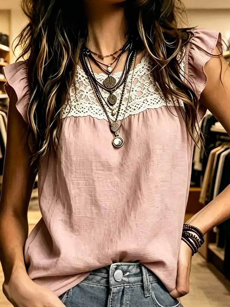 

2026 Holiday Women's Summer O Neck Lace Patchwork Blouse Sleeveless Flying Sleeve Top Loose Casual Fashion Pullover Shirt Blusas