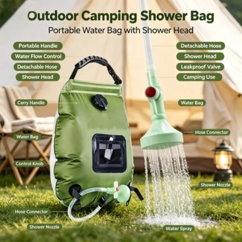 20L Portable Solar Shower Water Bag, Foldable Water Storage Pouch, Solar Heating Bath Bag for Outdoor Camping & Hiking