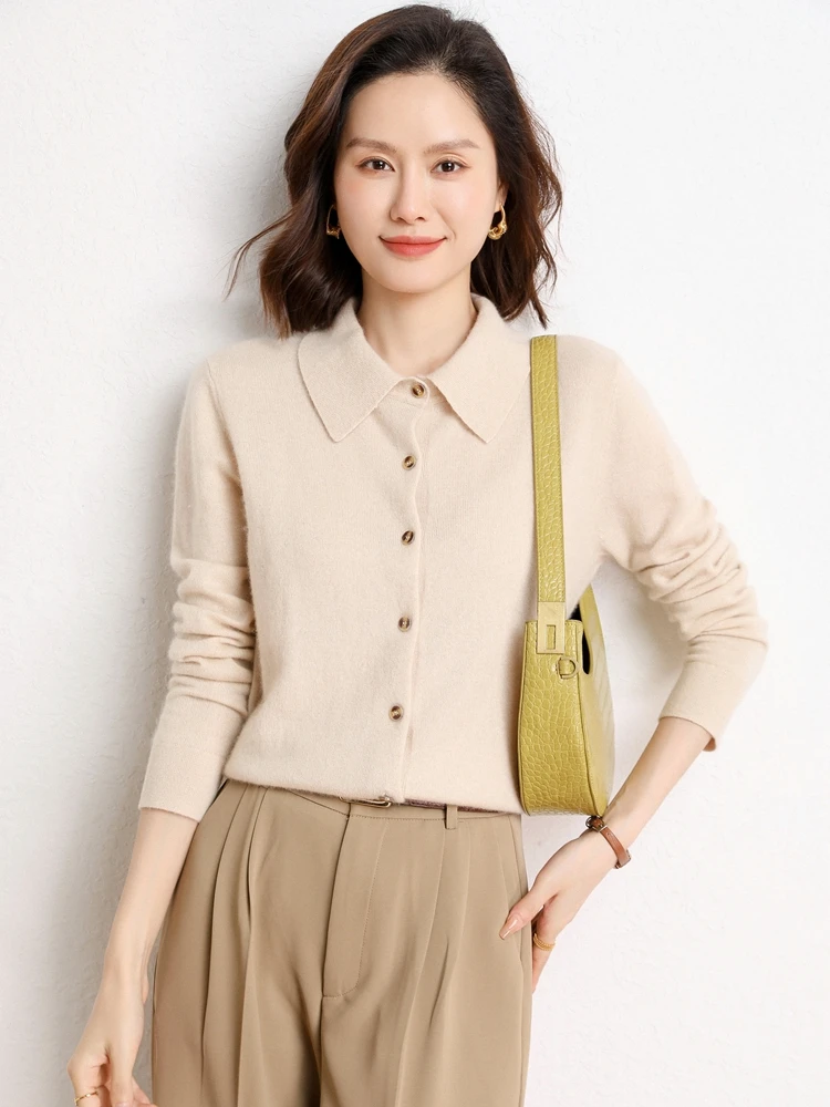High-end Women POLO Neck Cashmere Cardigan Spring Autumn 100% Cashmere Knitwear Soft Comfort Long Sleeve Female Sweater Shirt