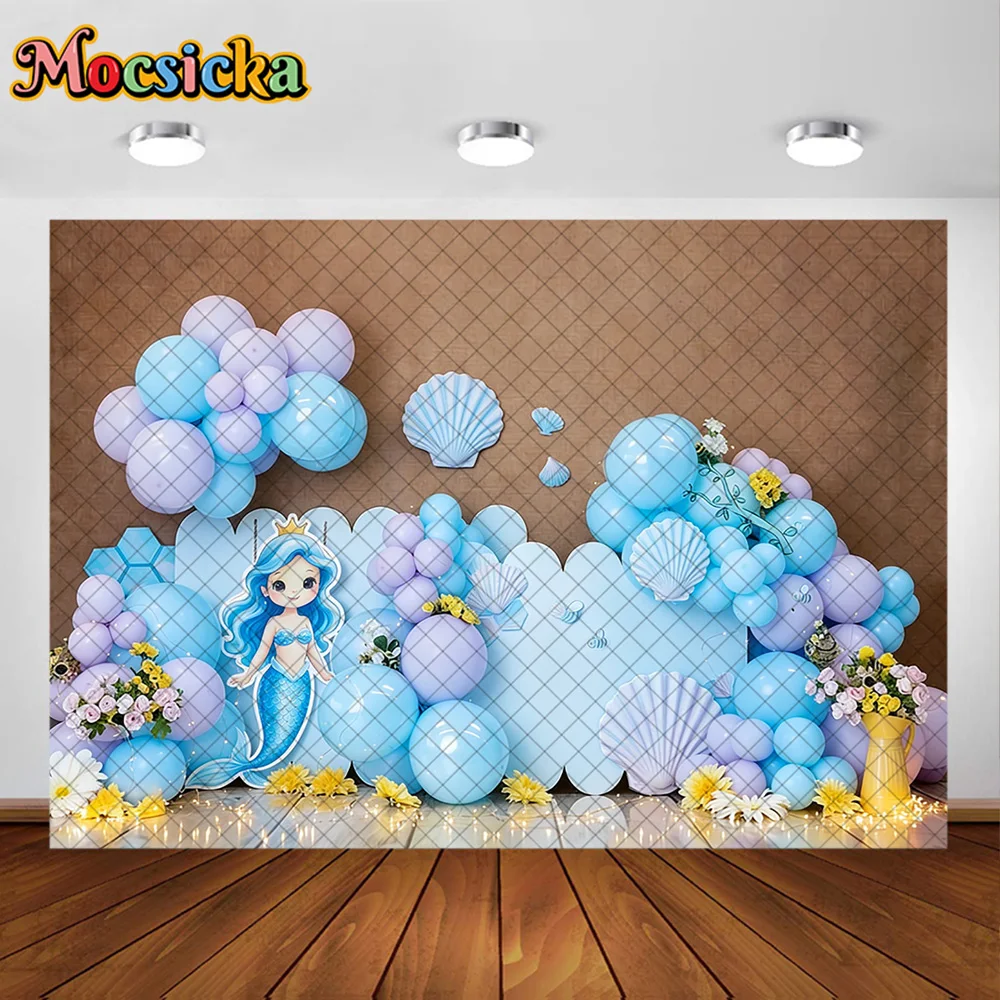 Mocsicka Photography Backdrop Purple Balloon Mermaid Theme Decoration Baby Shower Cake Smash Party Backgrounds For Photographs
