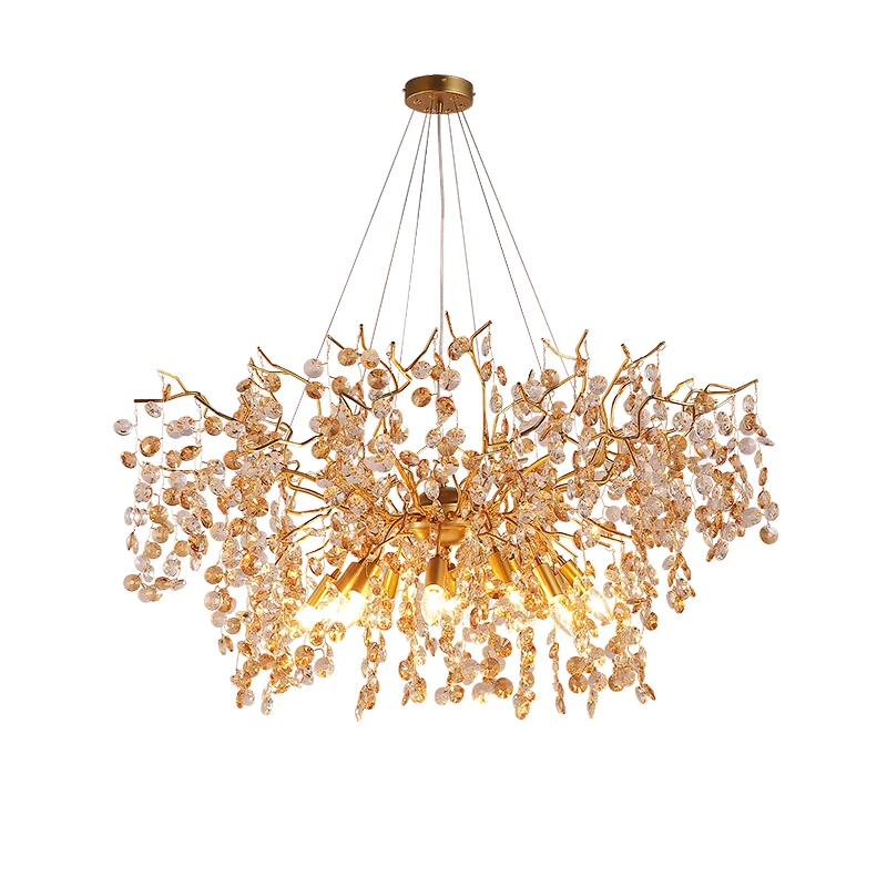 Post modern light luxury crystal living room chandelier round bedroom creative all copper branch lamp