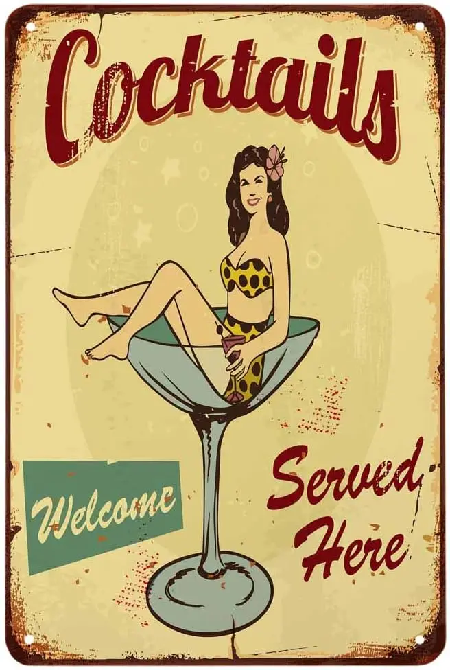 Cocktail Tin Sign,Beautiful Bikini Girl In a Martini Served Here Vintage Metal Tin Signs for Cafes Bars Pubs Shop Wall Deco sign