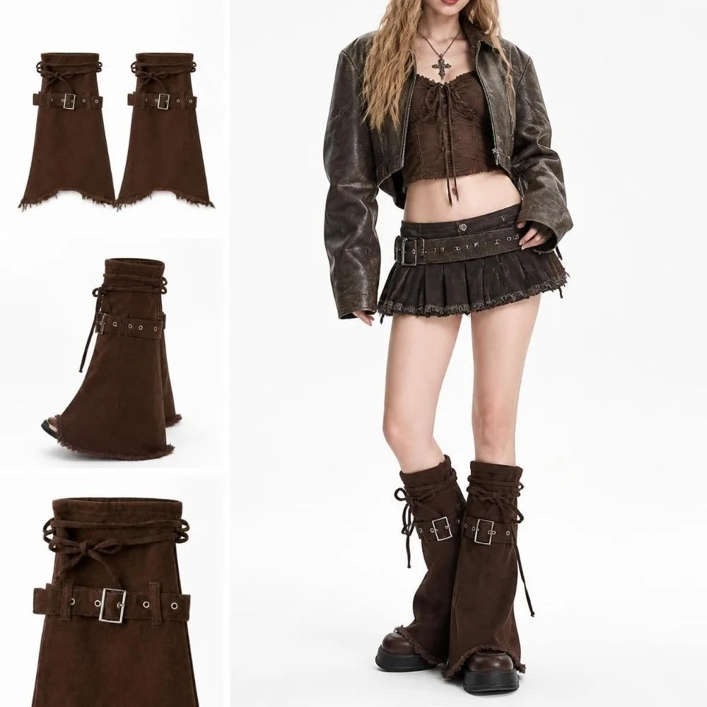 Y2K Washed Denim Denim Leg Warmers Adjustable Buckle Frayed Flared Leg Warmers Strap Closure Boot Cuffs Streetwear Style