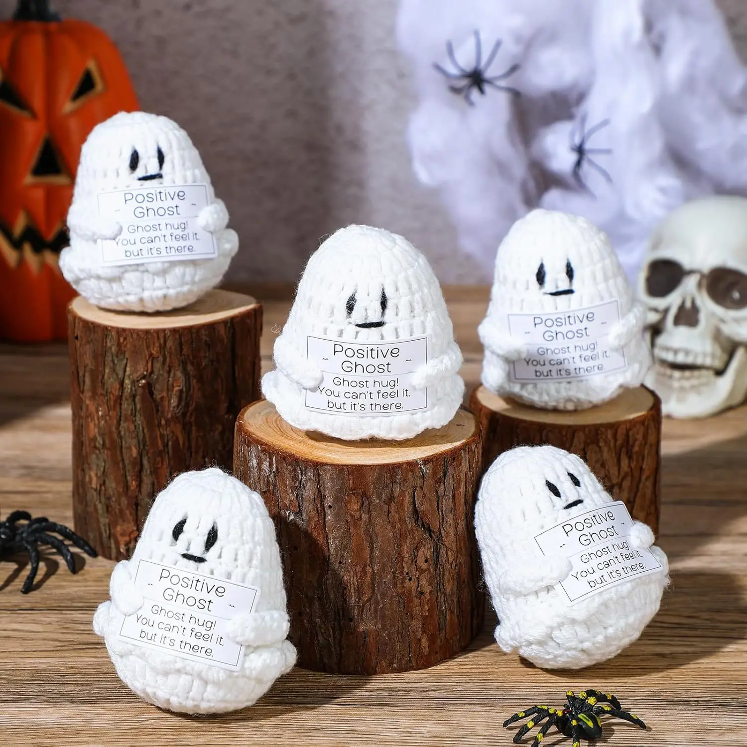 Creative Funny Handmade Knitted Positive Ghost Halloween Home Decoration Crochet Ghost Cat Knitted Doll With Card Christmas Gift
