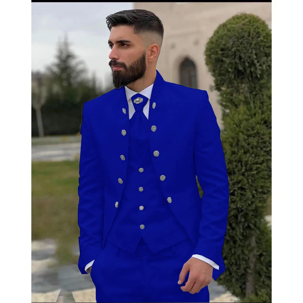 Luxury Black Jacquard Wedding Suits For Men Tuxedos 3 Pieces Male Groom Prom Blazers Sets Stand Collar Costume Homme Marrige