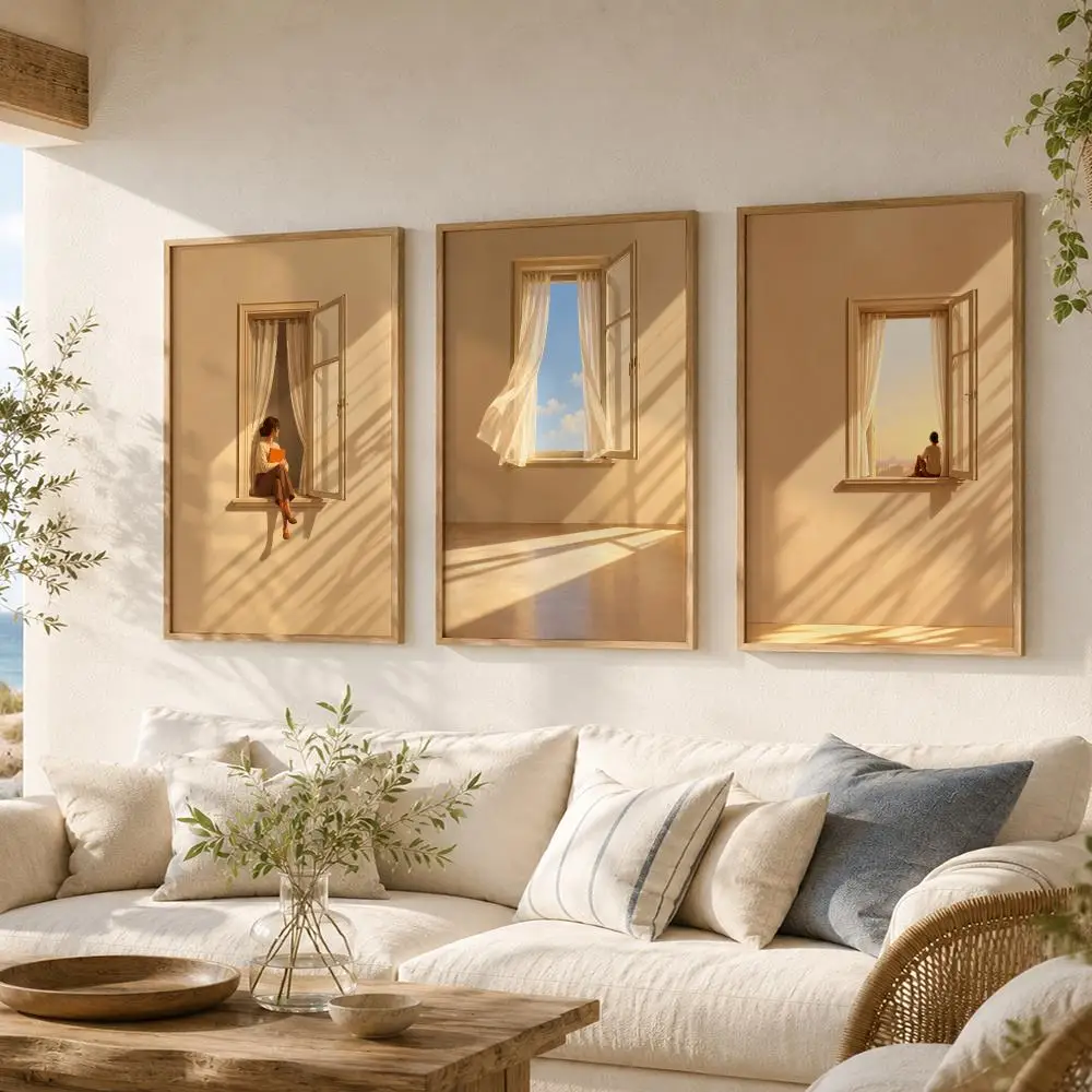 Quiet Window Moment Art Painting Calligraphy 3 PCS Vintage Fashion Canvas Wall Art Prints for Living Room Decor