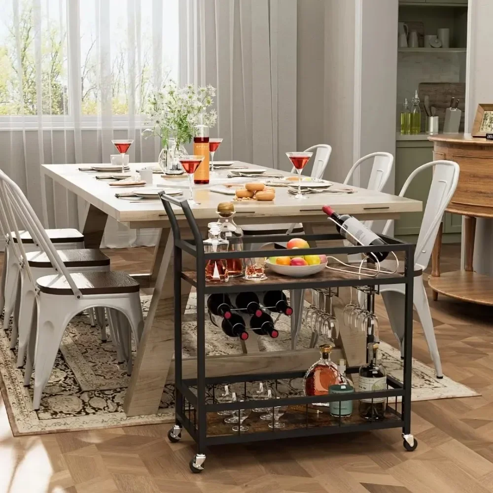 Home Industrial Mobile Bar Cart Serving Wine Cart Glass Holder 2 Wood Storage Shelves for Living Room Kitchen Party Black