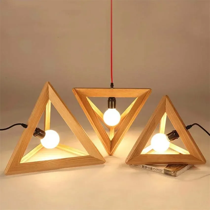Triangle Oak Lamp Nordic Vintage Wooden Led Pendant Light Creative For Restaurant Coffee Shop Hanging Deco Fixtures