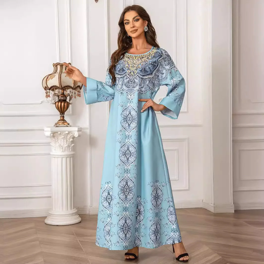 

Middle East Saudi Arabia Muslim Luxury Fashion Islamic Ramadan Printed Robe Abaya Nail Bead Elegant Round Neck Dress