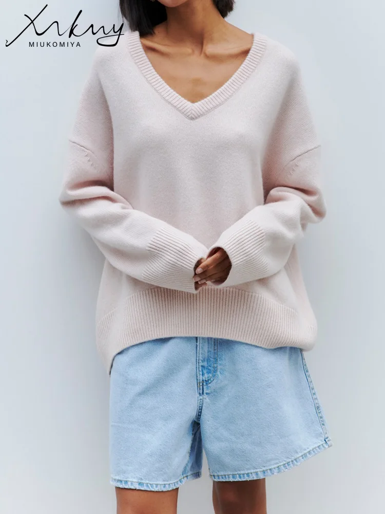 MiuKoMiYa Orange Oversize Sweaters For Women Winter V Neck Loose Pullovers Sweaters 2023 Melon Red Warm Sweater Woman Knitwear