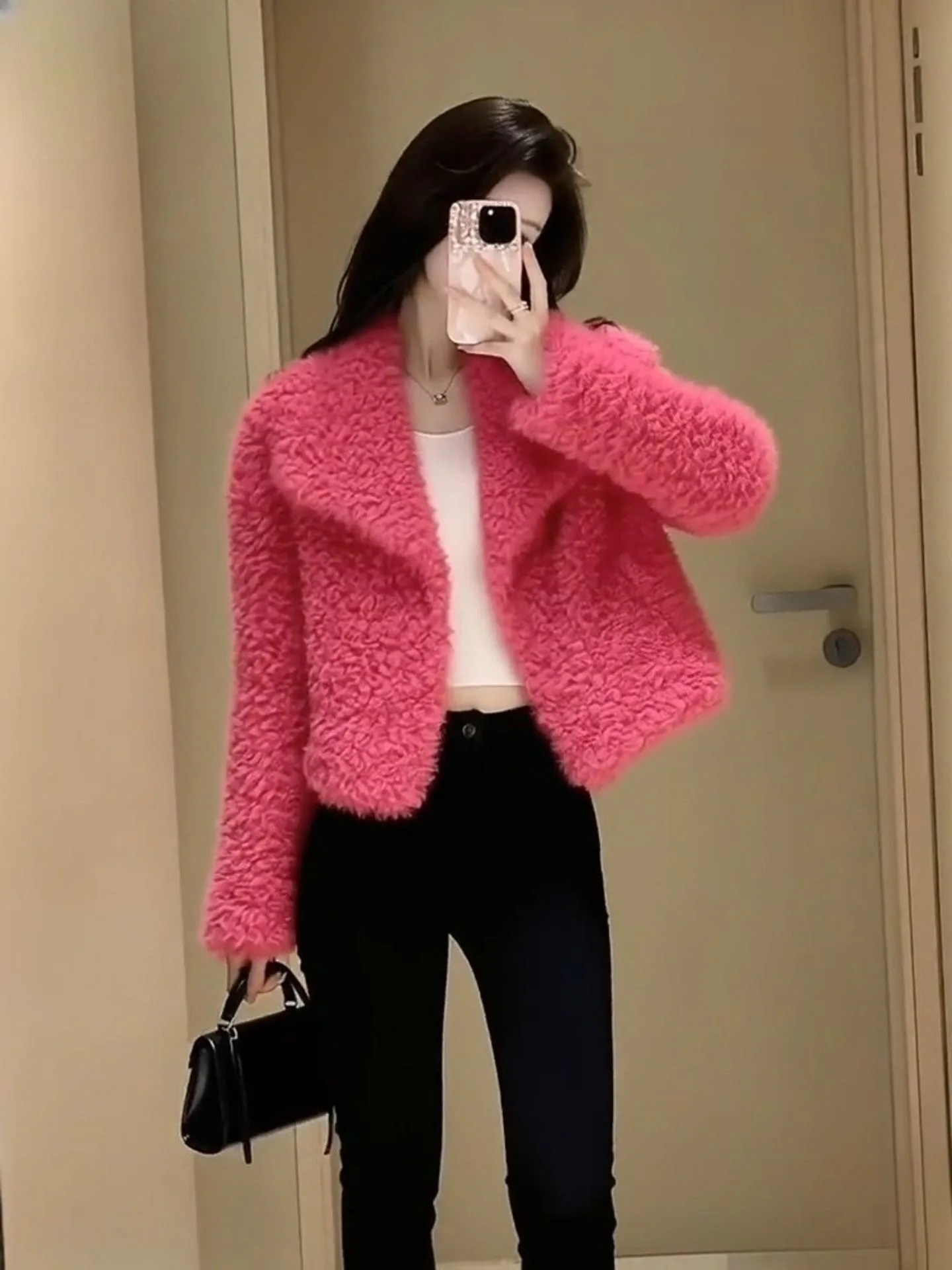 Pink Lamb Fur Jacket Women's Thickened Warm Casual Style Short Coat Korean Fashion Warmth Autumn Winter New Arrival