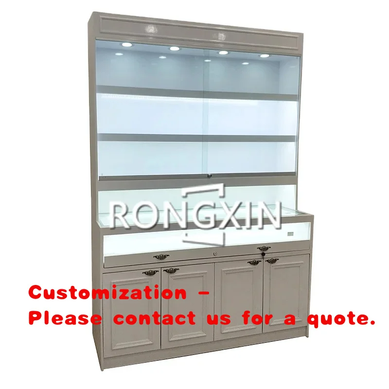 custom.White Tempered Glass Jewelry Display Counter Jewelry Display Cabinet with Spotlights Display Shelf Rack Vertical Unit