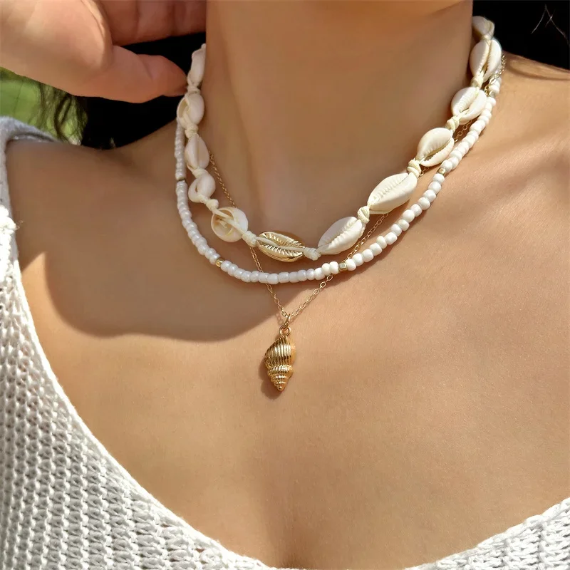 Bohemian Multi-layer Starfish Shell Rice Bead Necklace for Women Trendy Summer Beach Sexy Choker Neck Chain Jewelry Accessories