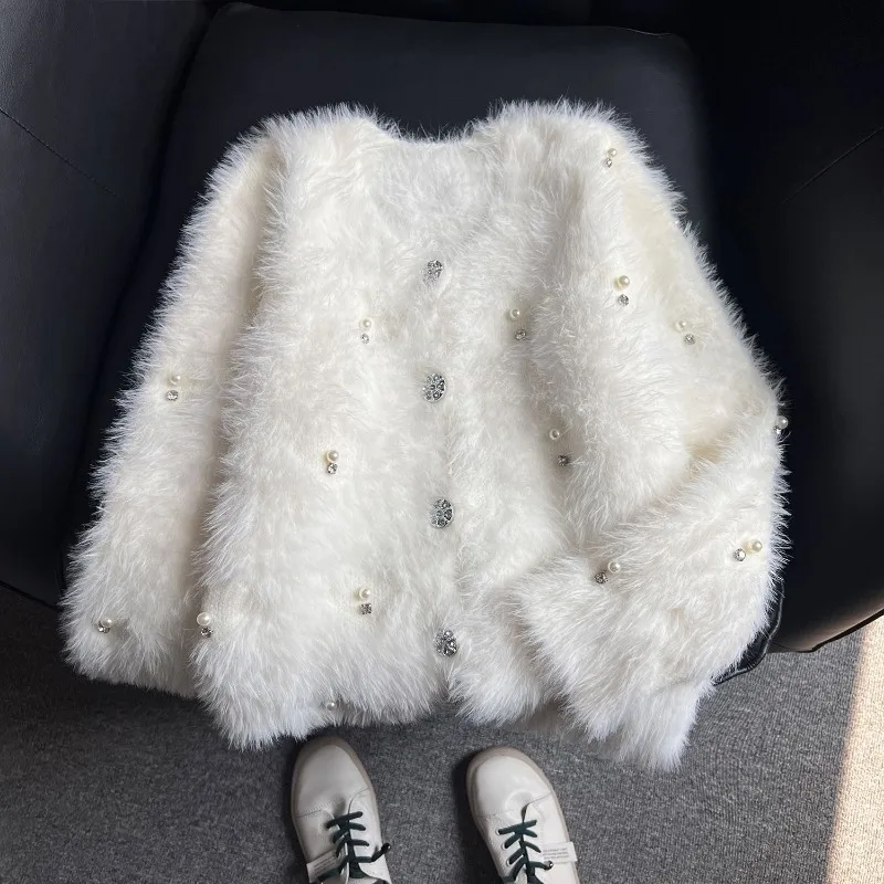 Luxury Fluffy Furry Soft Pink Knitted Cardigan Beaded Autumn Winter Coat Women Sweater Short Tops Design Outerwear White Jumpers