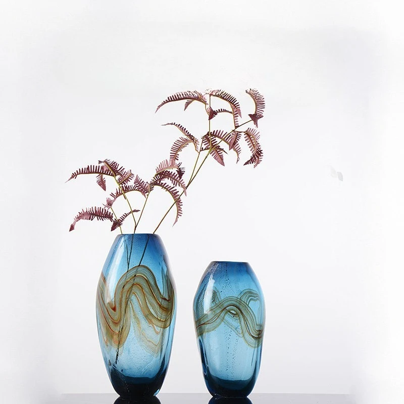 

Blue streamer large mouth flower device, simple and high-end glazed vase
