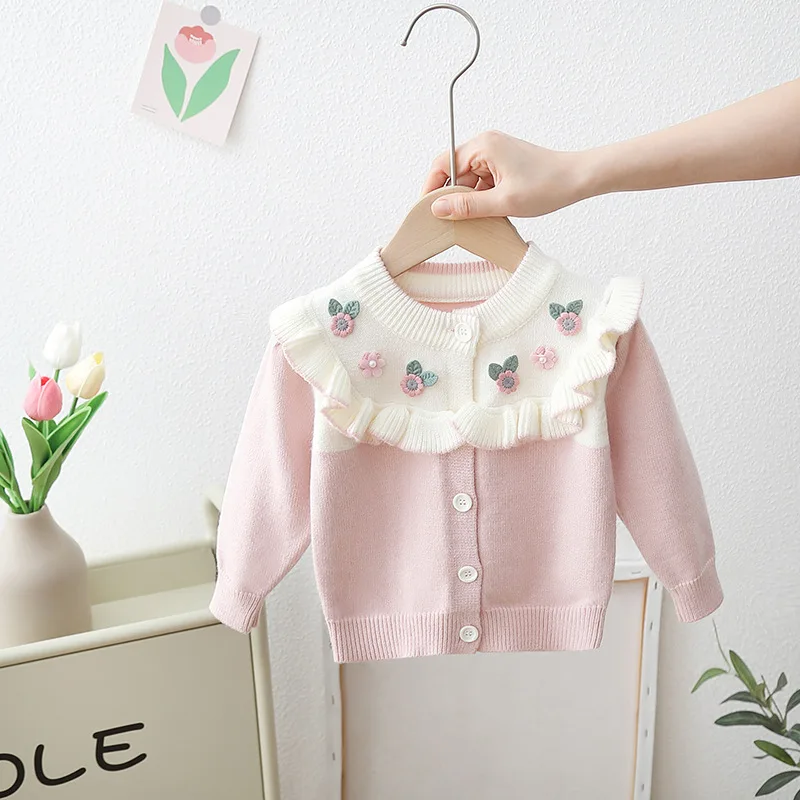 1-4TKorean version kids girls solid color knitted cardigan 2023 fall new kids baby cute flower sweater jacket