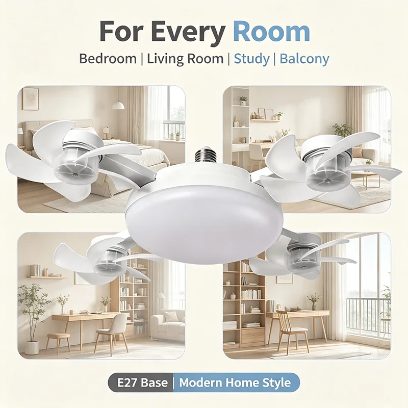 E27 Base Ceiling Fan Light With Remote Control Stepless Dimmable LED Lamp Adjustable Wind Speed Silent Fan Light For Bedroom