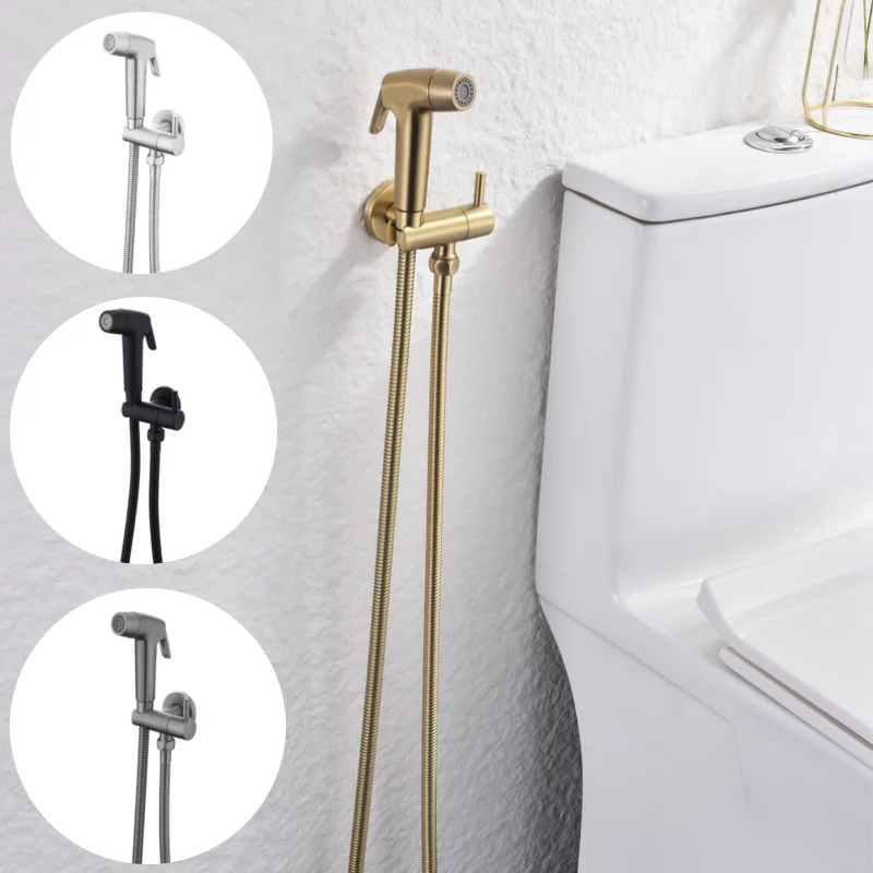 Wall Mounted Toilet Shower Bidet Spray Gun Faucet Set with Spring PVC SS Hose Chrome/Black/Grey Metal Brass for Bathroom