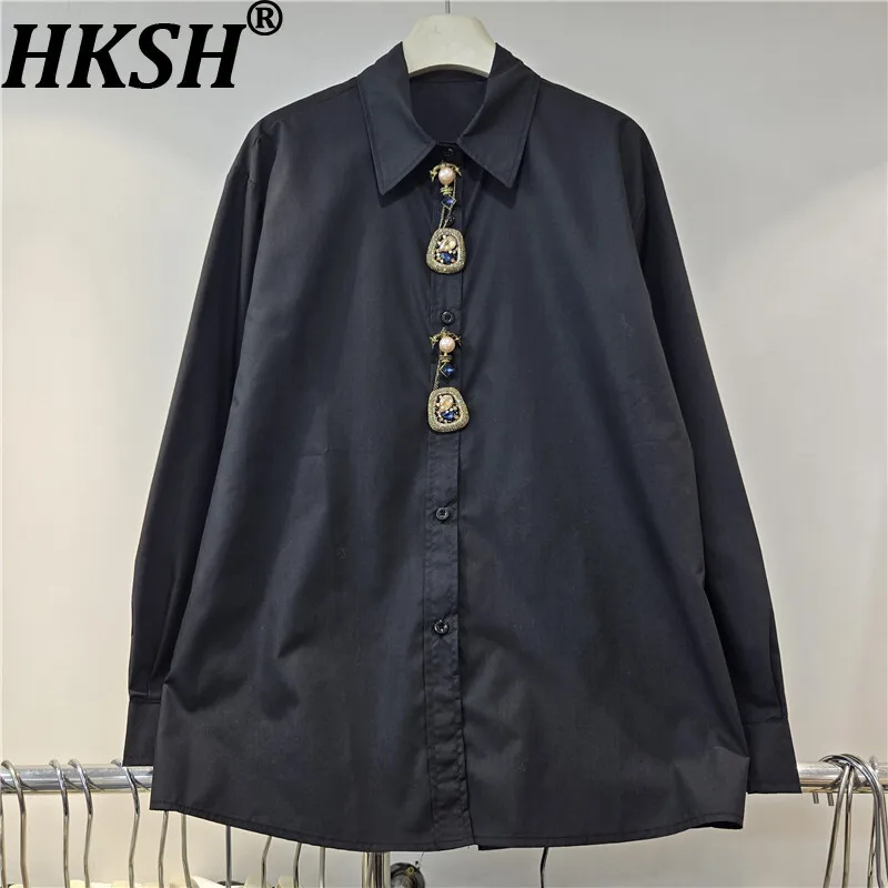 

HKSH 2025 Autumn New Women Shirt Heavy Craft Three-Dimensional Diamonds Buttoned Long Sleeved Elegant High Street Blouse HK13275