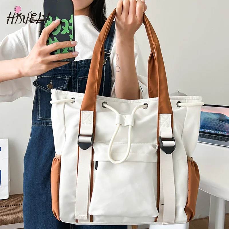 Splash-proof Nylon Fabric Shoulder Crossbody Bags For Women Multi-pocket Drawstring Tote Bag Large Capacity Student Book Handbag