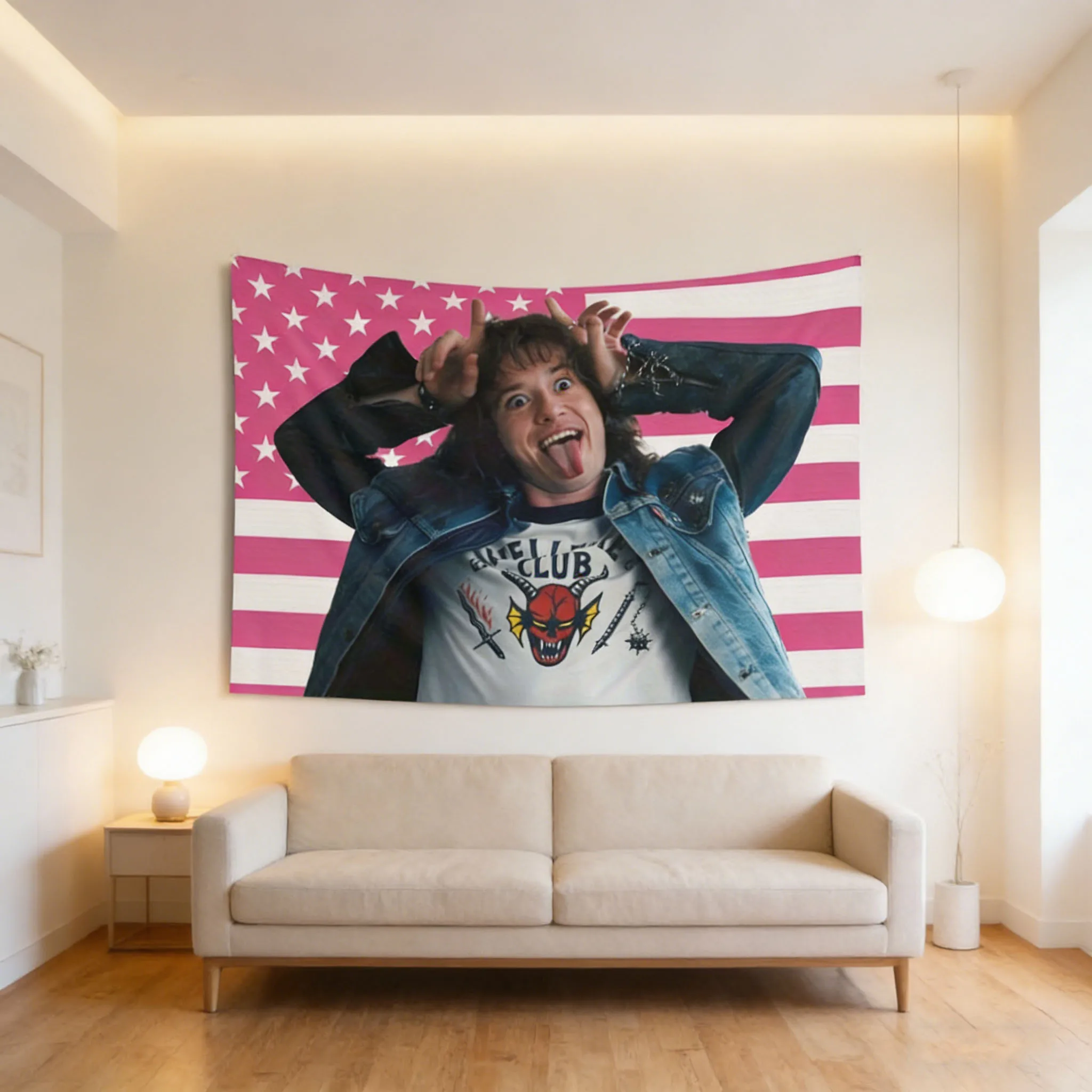 Eddie Munson Pink Flag Tapestry, Joseph Quinn Inspired Print, Assorted Grommets, Bright Aesthetic Wall Art Decoration