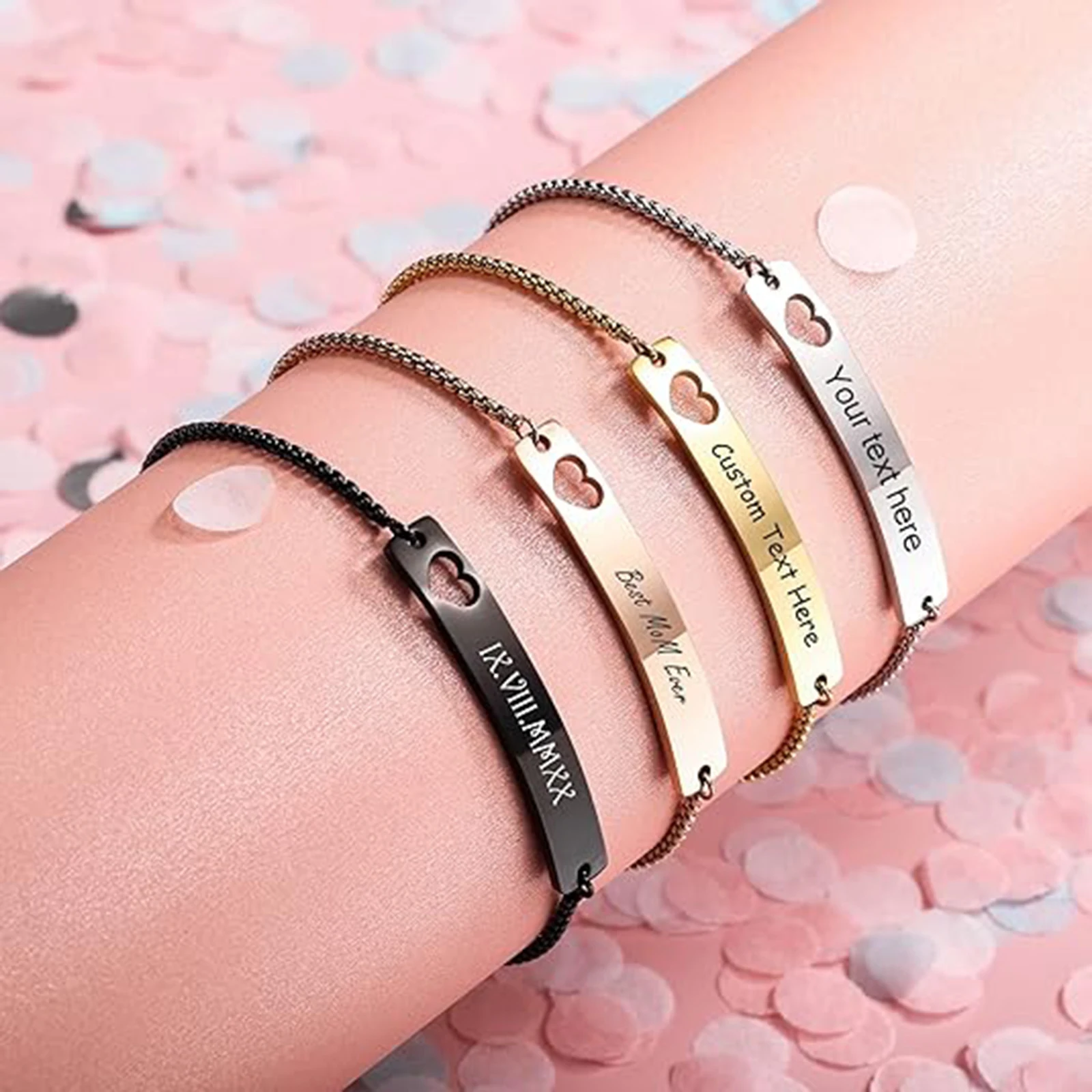 Personalized Engraved Bar Bracelet Custom Name Coordinates Nameplated Adjustable Chain Stainless Steel Jewelry ﻿4 Colors