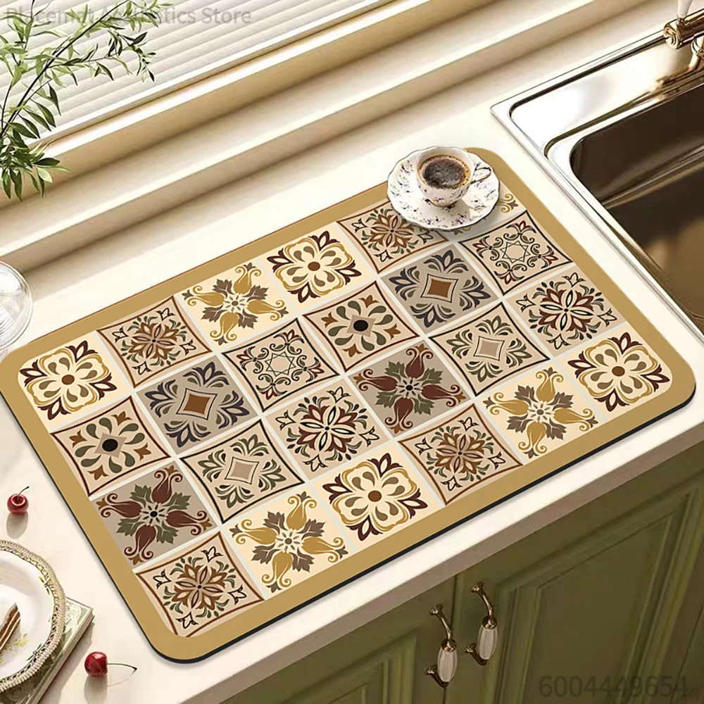 Vintage Moroccan Tile Print Super Absorbent Drying Mat Waterproof Kitchen Counter Tableware Drain Pad Decor Placemat