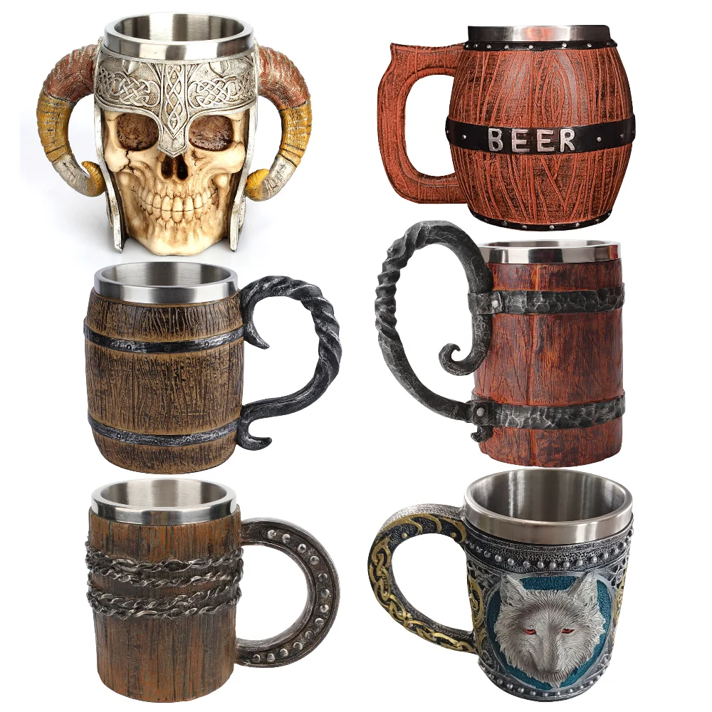 Viking Wood Style Beer Mug Christmas Gift Simulation Wooden Barrel Beer Cup Double Wall Drinking Mug Metal Bar Drinkware