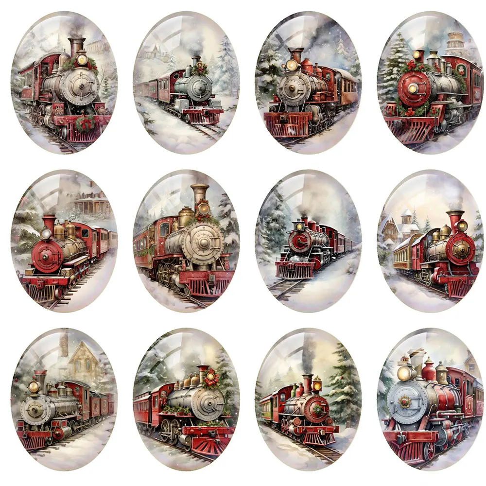 10pcs/lot Christmas X-mas Winter Train Oval Photo Glass Cabochon Charms Flatback Demo Flat Back Cameo For Diy Jewelry Making