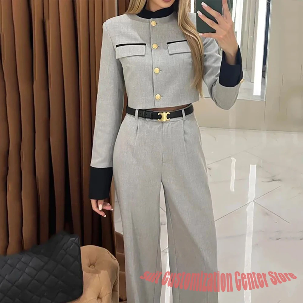 Grey Women's Suits Single Breasted Round Neck Blazer Pants Set with Gold Buttons Chic Daily Looks Modern Outerwears