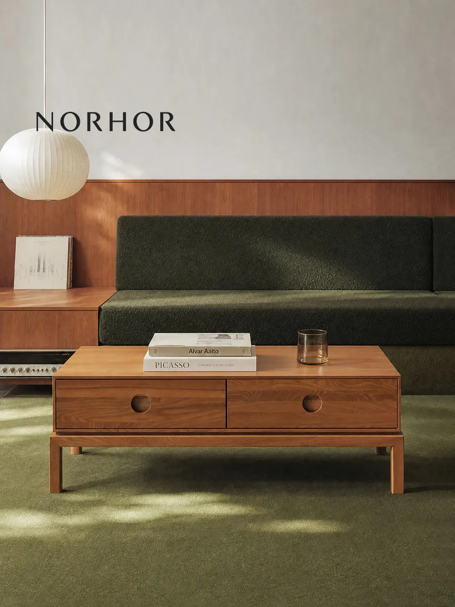Retro solid wood coffee table multi-functional double pumping storage square tea table