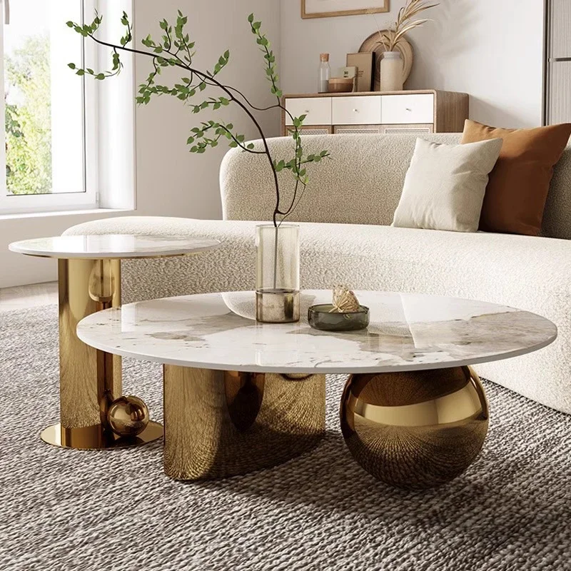 

z Italian Design Gold Metal Oval Center Coffee Table Set Home Furniture Living Room Modern Luxury White Marble Top Coffee Table