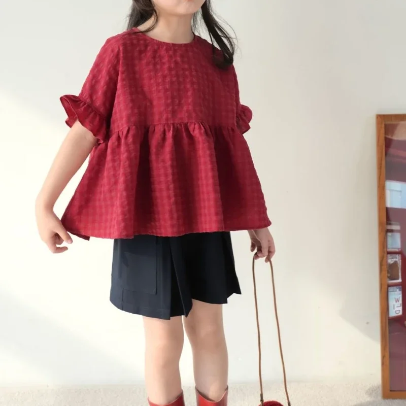 

Girls' Doll Shirt 2025 Summer New Style Children's Checkered Short Sleeved Shirt Baby Retro