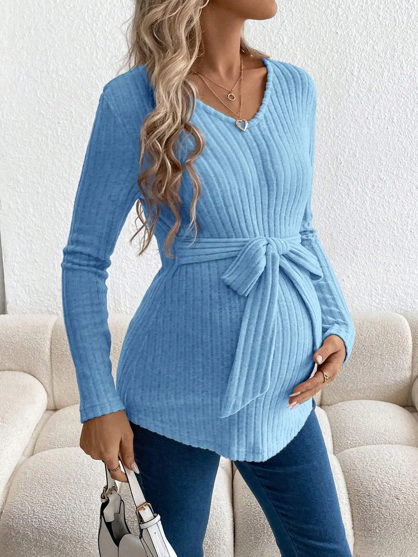 Fashion Pregnant Women's Long Sleeve Knitted T-shirts 2025 Spring Autumn Maternity V-neck Tops With Belt Maternity Knit Clothes
