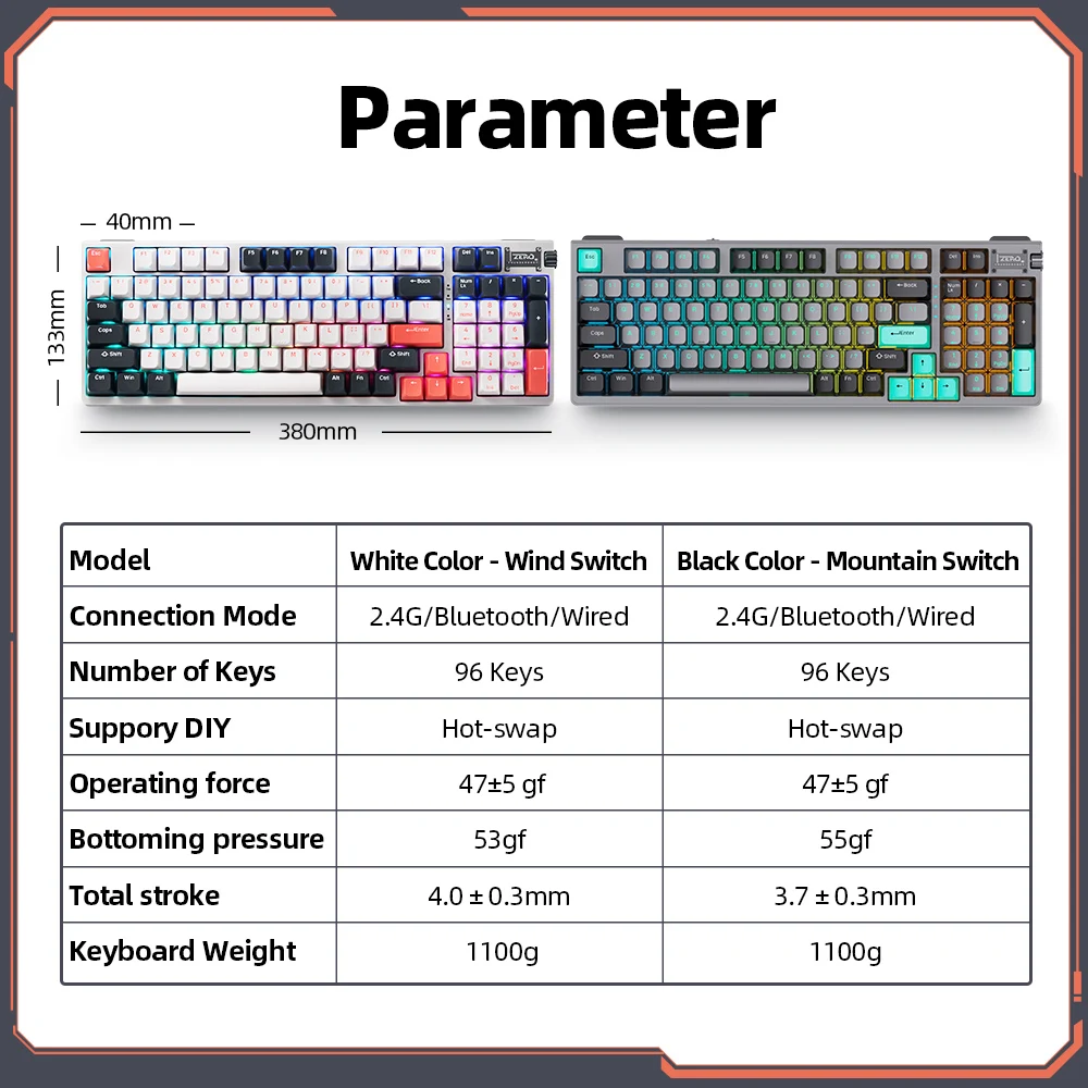 Thunderobot zero teclado mecânico 96 teclas rgb hot-swappable três-modo sem fio bluetooth teclado gamer jogos com fio