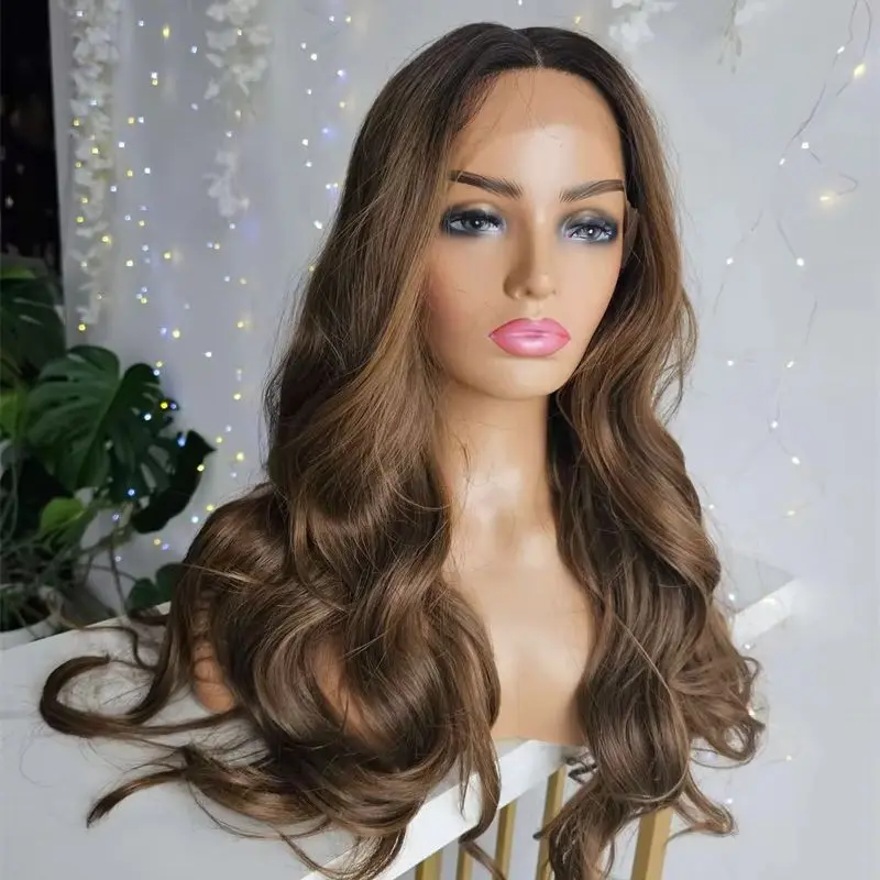 Natural Density Wig 13x4 Ombre Brown Highlights Synthetic HD Transparent Lace Front Wig for Women 28 Inches Soft Long Wave Wig