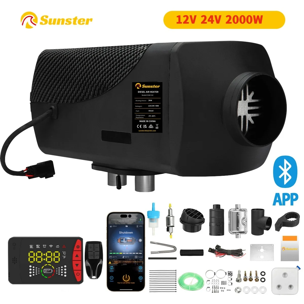 2KW 12V/24V Car Air Diesel Parking Heater With Remote Control LCD Switch APP Control For Vehicles Trucks Vans Home Heating