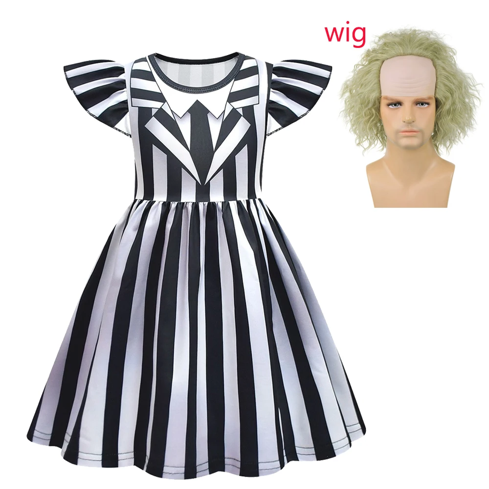 Halloween COS Costumes B-Beetlejuice2 Cosplay Costume Kids Underworld Mage Cosplay Children’s Striped Suits Performance Uniform